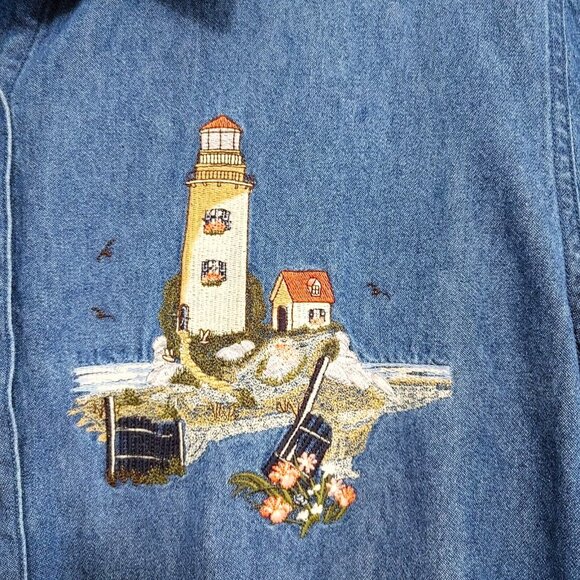 Penningtons Denim Top Womens Plus Size 1X Embroidered Button Up Lighthouse - Picture 3 of 5